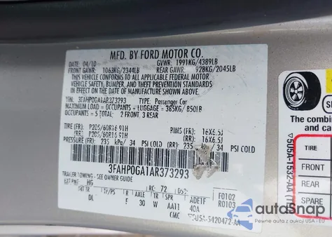 2010 Ford Fusion S из США, поврежденный, VIN 3FAHP0GA1AR373293